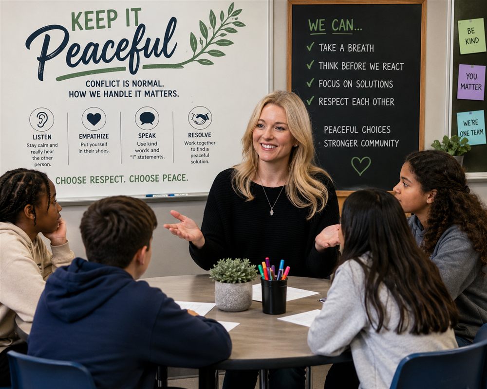 Jess leading a peaceful conflict-resolution circle with students