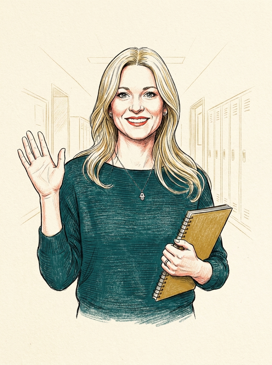Illustrated portrait of Jessica Klein waving, notebook in hand