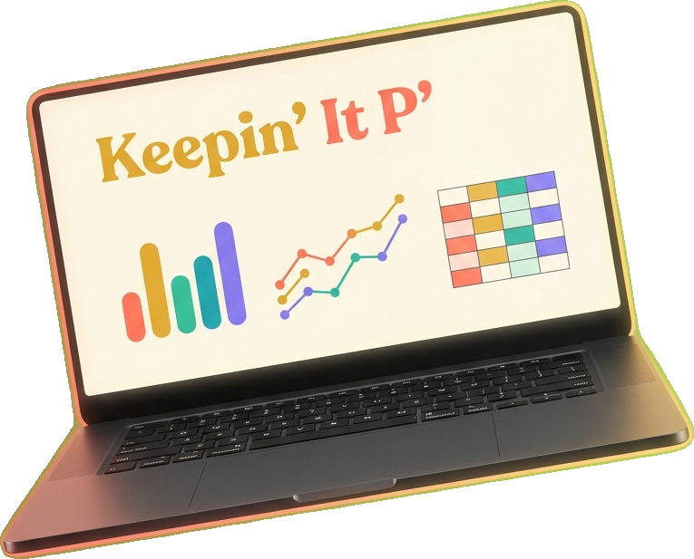 A laptop showing Keepin' It P' and a data dashboard